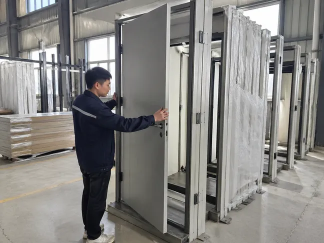 EUWOO interior security door 100% unit inspection before packing — frame-to-leaf fit testing and open/close cycle check