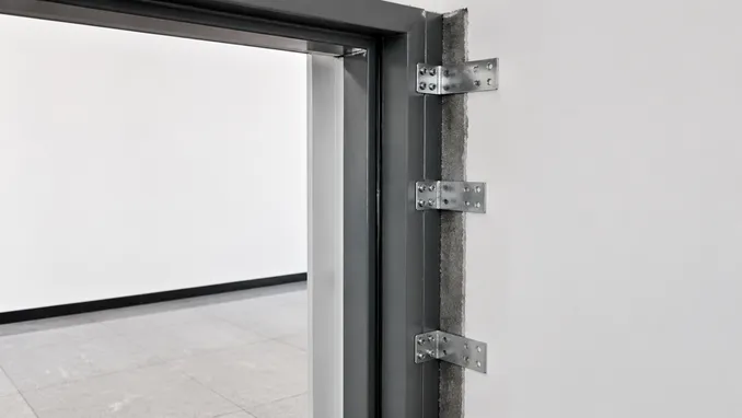 Interior security door frame anchor detail — 1.5–2.0mm gauge steel frame with three anchor points per jamb