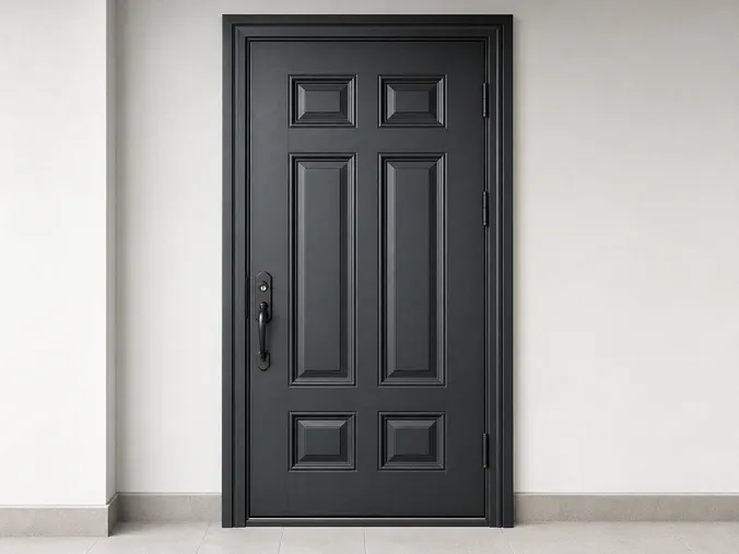 EUWOO iron security door — solid iron construction with traditional raised panel profile
