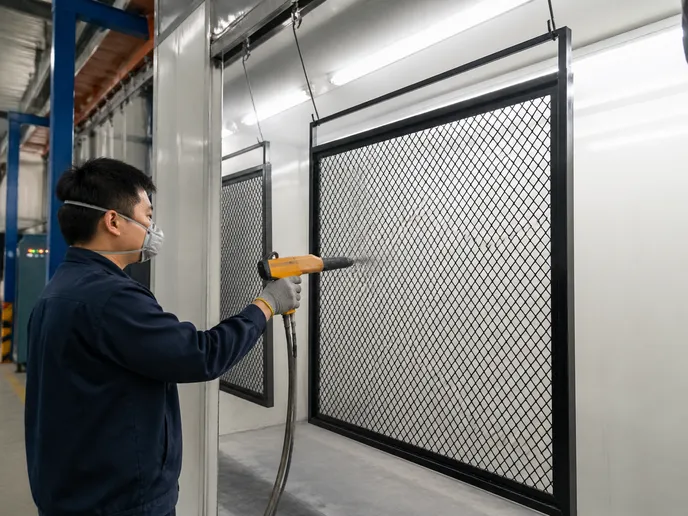 Powder coat application on mesh security door panel showing electrostatic gun positioning