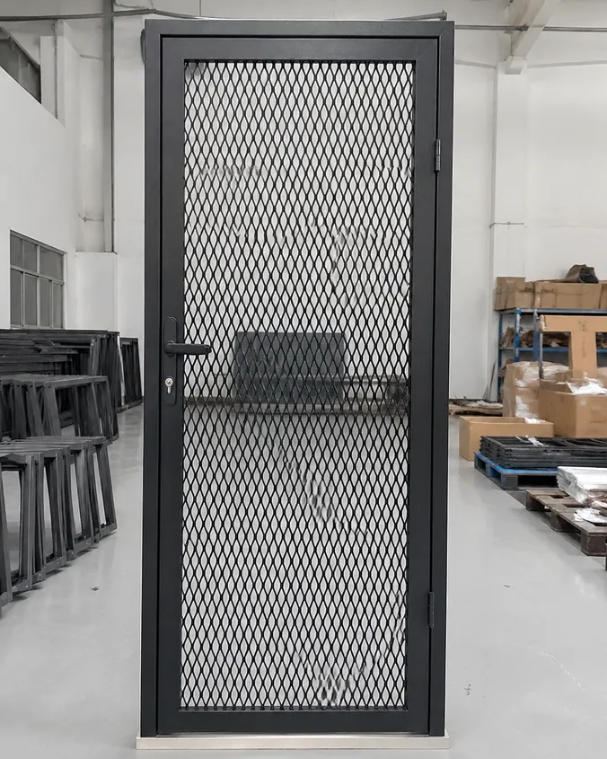EUWOO expanded mesh security door — reinforced steel frame with powder-coated expanded mesh panel