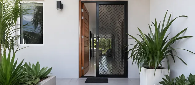 Mesh security door installed at residential entry in tropical climate