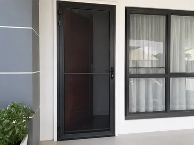 Security screen door with fine mesh framing for residential insect screening and light security