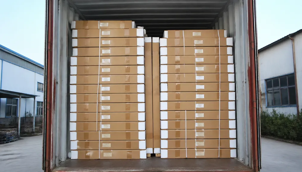 Metal security doors in KD flat-pack format loaded into shipping container