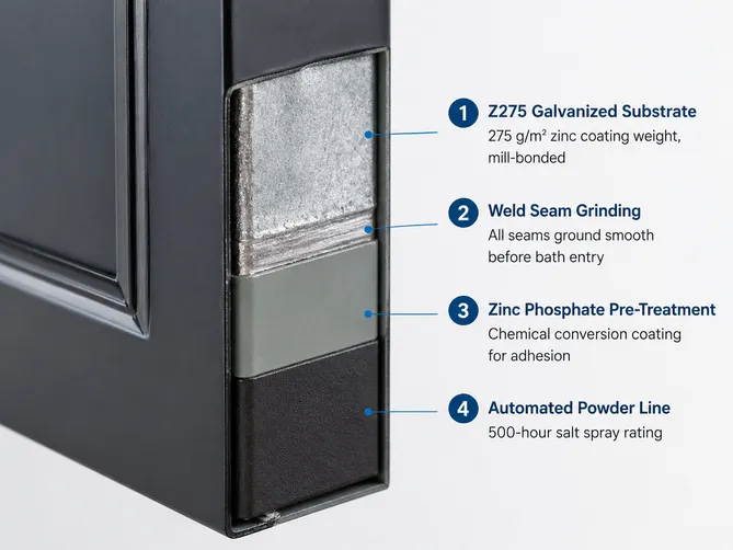 Galvanized steel substrate cross-section showing Z275 zinc coating layer on metal security door