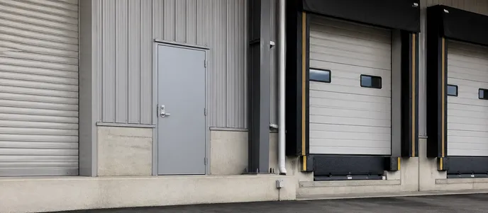 Metal security door installed at warehouse loading dock in light industrial facility