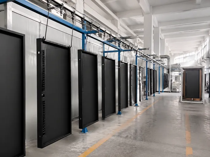 Metal security door powder coat application line at EUWOO factory
