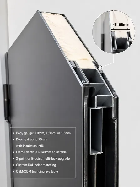 Metal security door specification detail — door leaf cross-section showing 45–55mm thickness and internal reinforcement channels