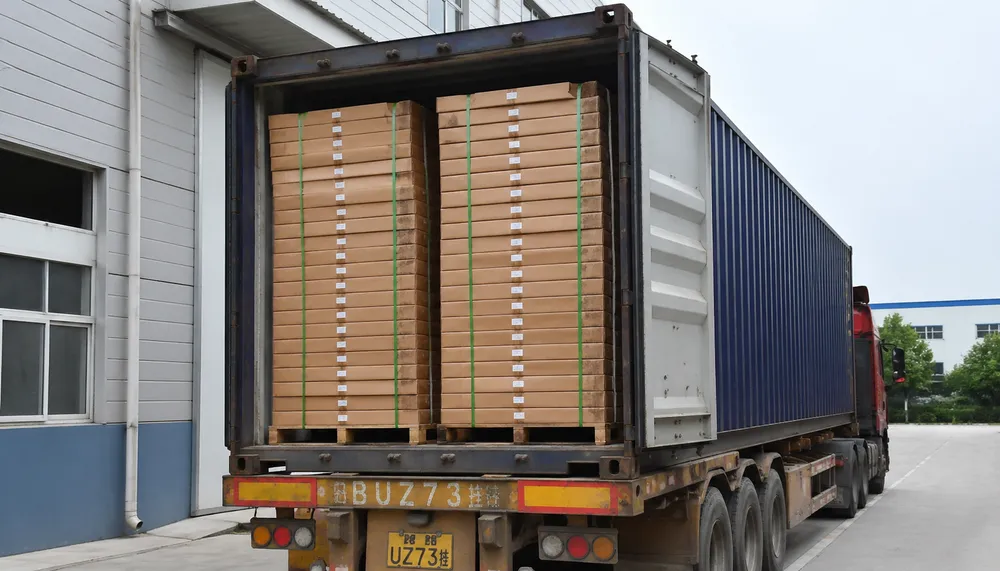 KD flat-pack residential security door sets loaded in 40HQ container for export