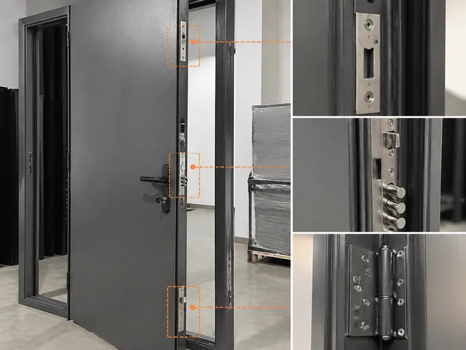 3-point multi-point lock system with reinforced steel strike boxes on residential security door