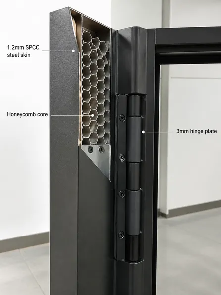 Residential security door cross-section detail — 1.2mm SPCC steel skin, honeycomb core, and 3mm hinge plate