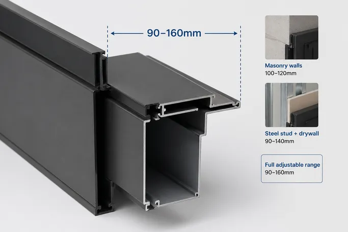 Adjustable security door frame depth 90–160mm — telescoping jamb profile for masonry and steel stud wall thicknesses