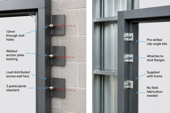 Security door frame anchor bolt pattern — masonry through-bolt and steel stud clip-angle configurations