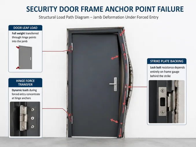 Security door frame anchor point failure — structural load path diagram showing jamb deformation under forced entry