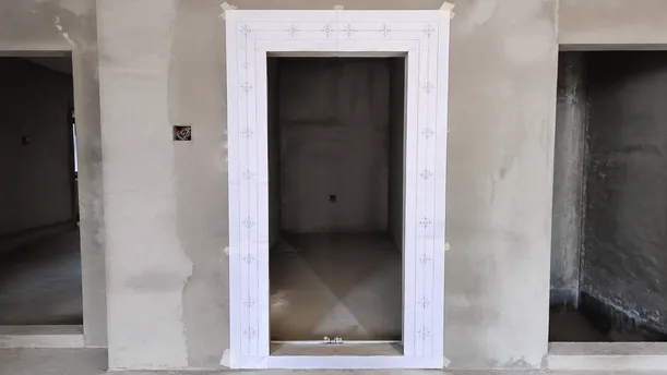 Security door frame installation template showing anchor bolt position marking on rough opening