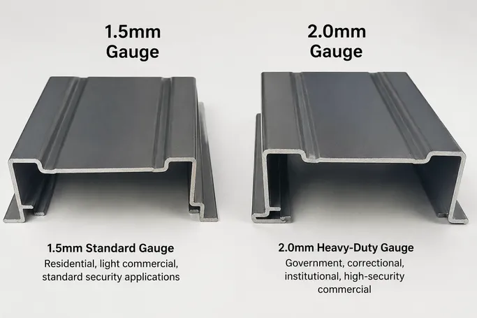 SPCC cold-rolled steel door frame profile cross-section — 1.5mm and 2.0mm gauge comparison