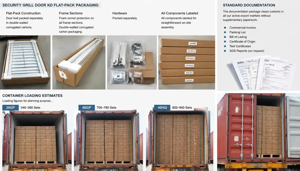 Security grill door KD flat-pack packaging and container loading configuration