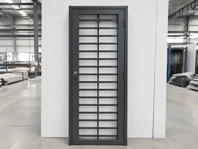 EUWOO steel security grill door — single leaf, flat bar grill pattern, powder coat finish