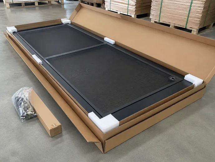 Security screen door KD flat-pack packaging with double-walled corrugated cartons and foam corner protection