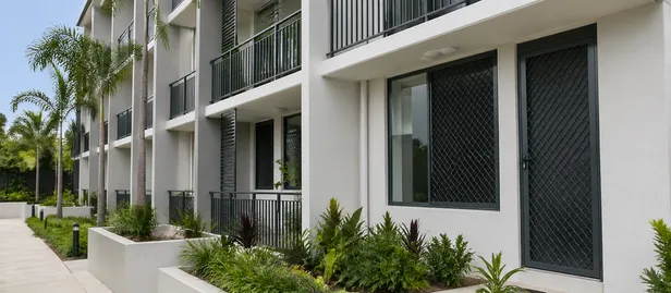 Security screen doors installed on residential apartment block in tropical market