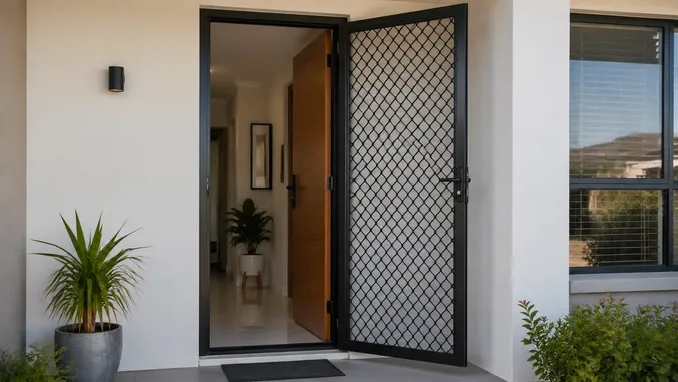 Security screen door installed at residential entry — ventilation and security barrier in use