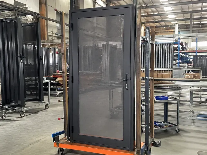 EUWOO security screen door — framed stainless steel mesh with powder-coated frame, factory production