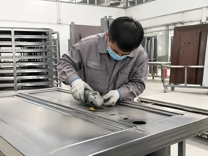 Single security door manufacturing process — weld seam grinding before zinc phosphate pre-treatment