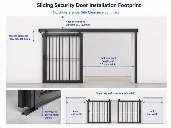 Sliding security door installation footprint showing track clearance and wall run-back dimensions
