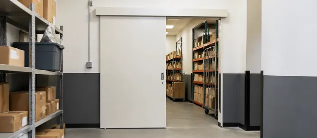 Sliding security door in retail back-of-house stockroom and receiving area