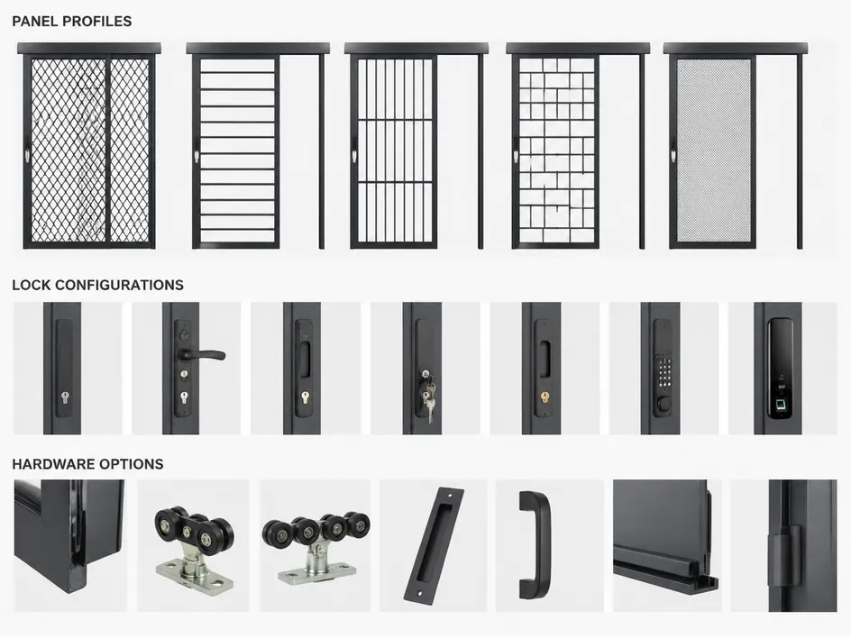 EUWOO sliding security door customization options including panel profiles, lock configurations and hardware