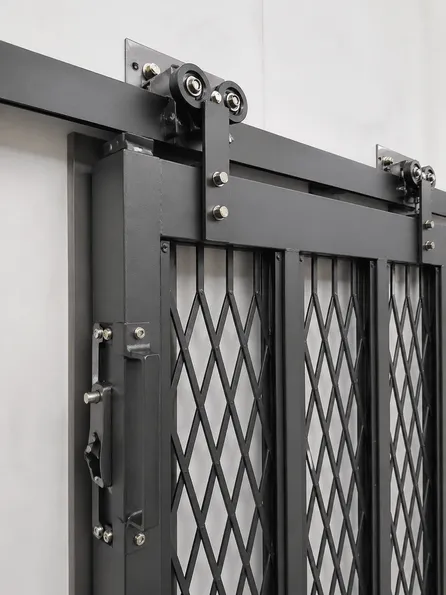 Close-up detail of EUWOO sliding security door track hardware and steel body construction