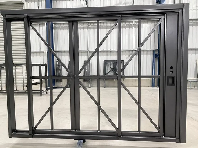 EUWOO sliding security door steel body construction showing internal cross-bracing and frame welds