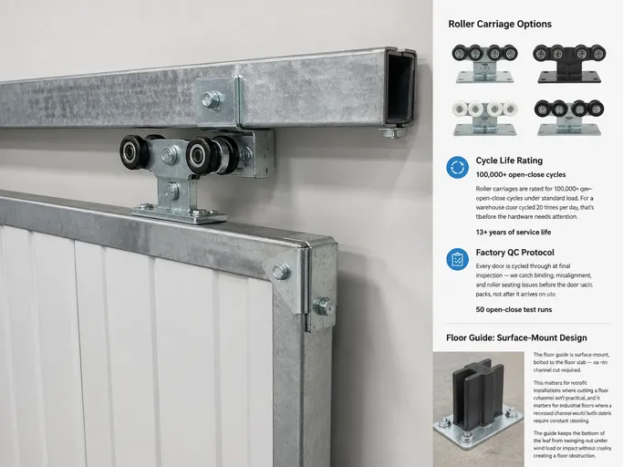 Sliding security door top-hung track system showing roller carriage and galvanized steel profile