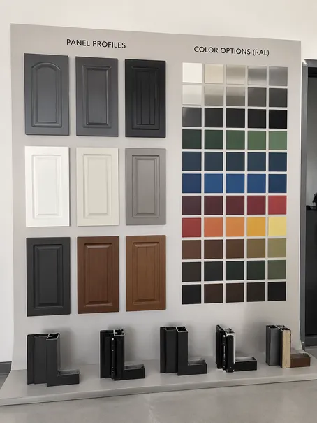Steel security door customization options showing panel profiles and RAL color finish samples