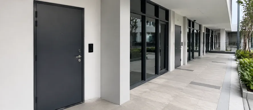 Steel security door with access control prep installed in commercial mixed-use building