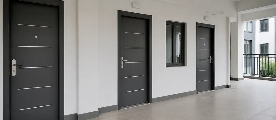 Steel security doors installed in residential apartment block construction project