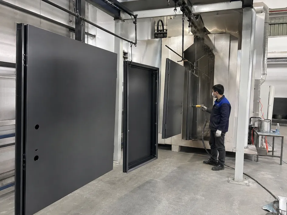 Steel security door zinc phosphate pre-treatment and powder coat finish process