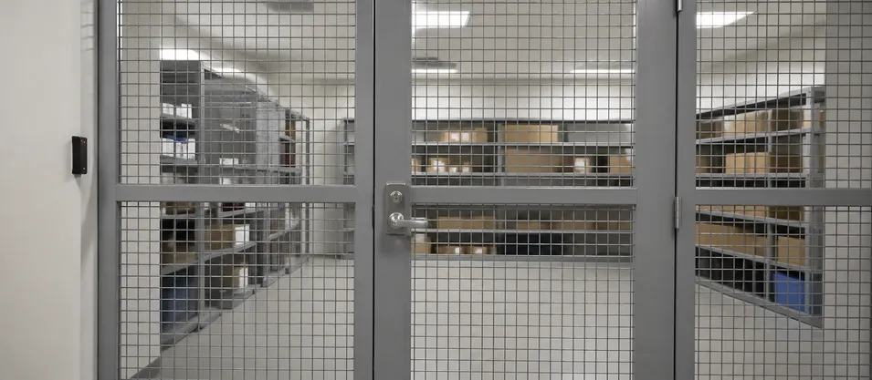 Wire mesh security door in an institutional evidence storage room showing visibility and physical security combination