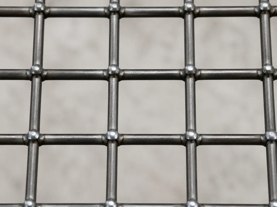 Close-up of resistance-welded wire mesh panel intersections showing metallurgical fusion quality