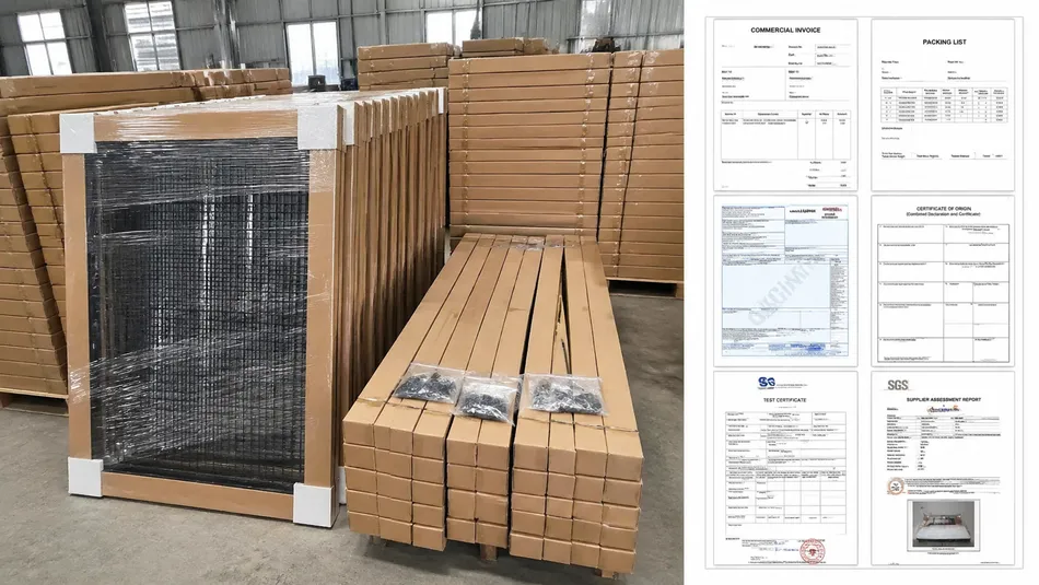 Wire mesh security doors packed in KD flat-pack format ready for container loading
