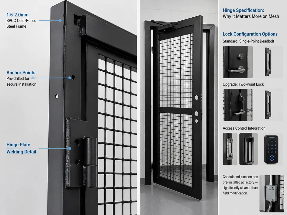Wire mesh security door frame construction showing 1.5-2.0mm SPCC cold-rolled steel with anchor points and hinge plate welding detail