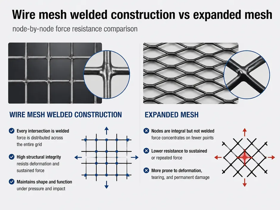 Wire mesh welded construction vs expanded mesh — node-by-node force resistance comparison