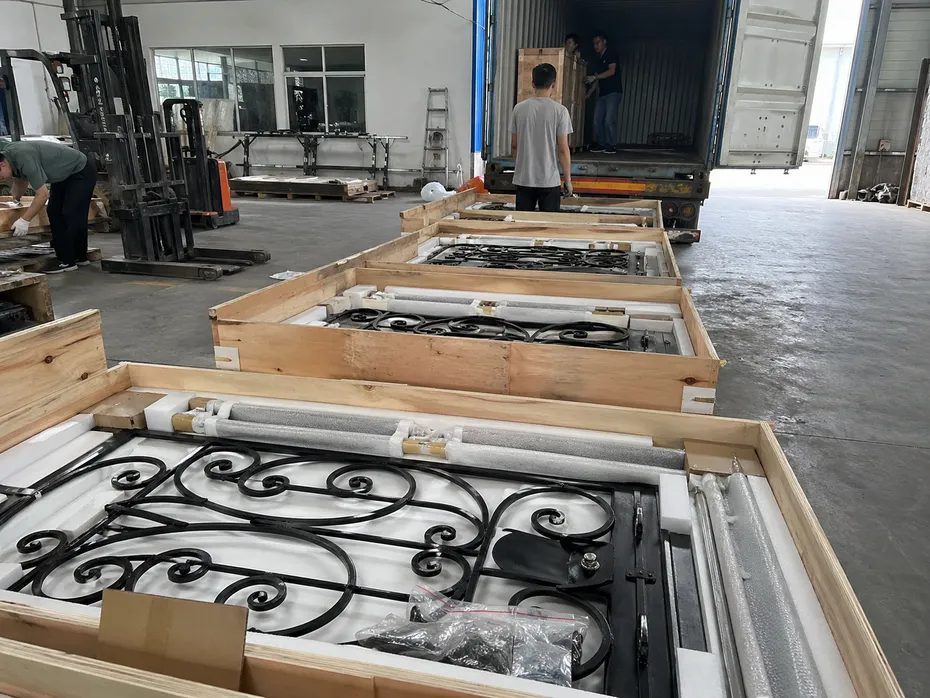 Wrought iron security door foam-lined crate packaging and container loading
