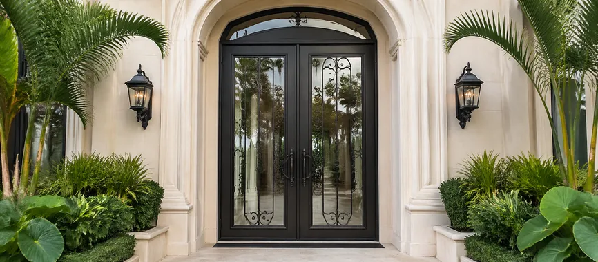 Double-leaf wrought iron security door at hotel resort entrance