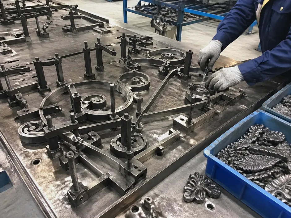 Wrought iron scroll fabrication over fixed tooling jigs at EUWOO factory