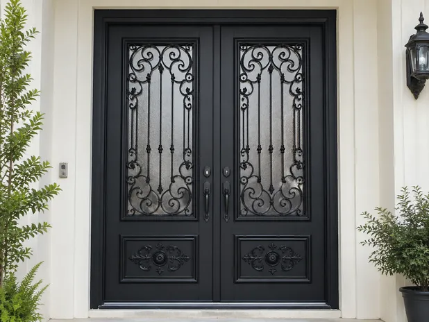 Double-leaf wrought iron security door with matched ornamental panel profiles