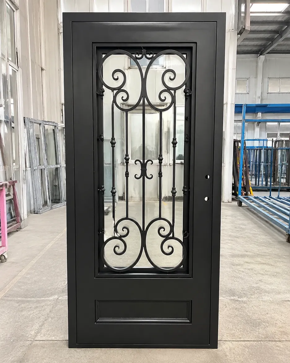 EUWOO wrought iron security door with ornamental scrollwork and powder coat finish