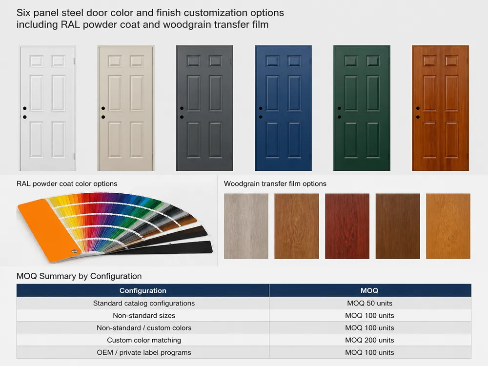 Six panel steel door color and finish customization options including RAL powder coat and woodgrain transfer film