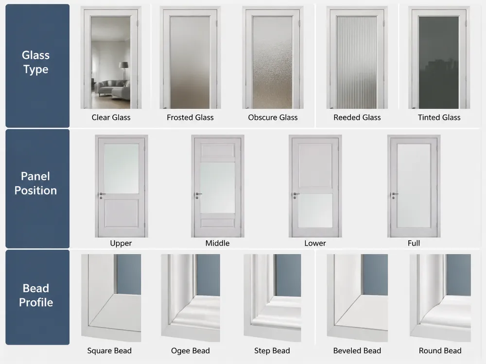 Glass steel door configuration matrix showing glass type, panel position, and bead profile options