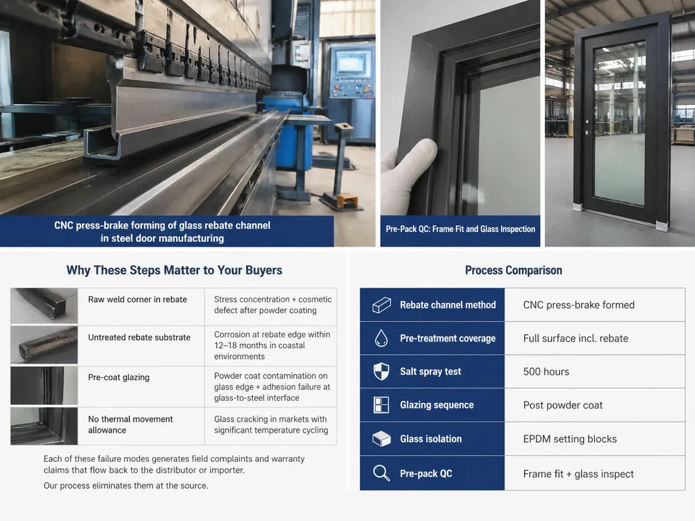CNC press-brake forming of glass rebate channel in steel door manufacturing
